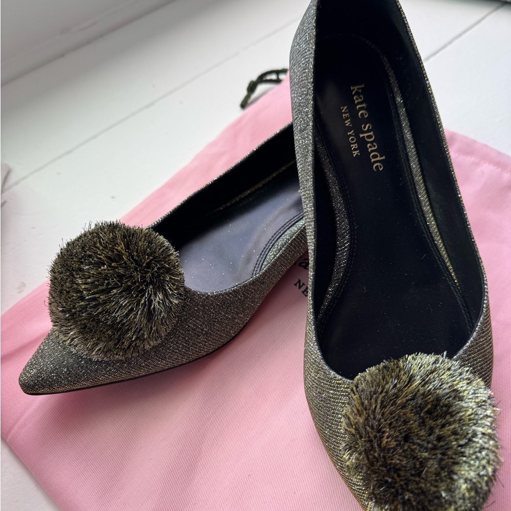 Kate Spade Silver Flats with Whimsical Pom Pom
